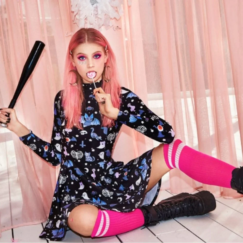 Black Milk Hauntingly Cute Evil Mini Long Sleeve Skater Dress XS BMC Halloween - Picture 2 of 7